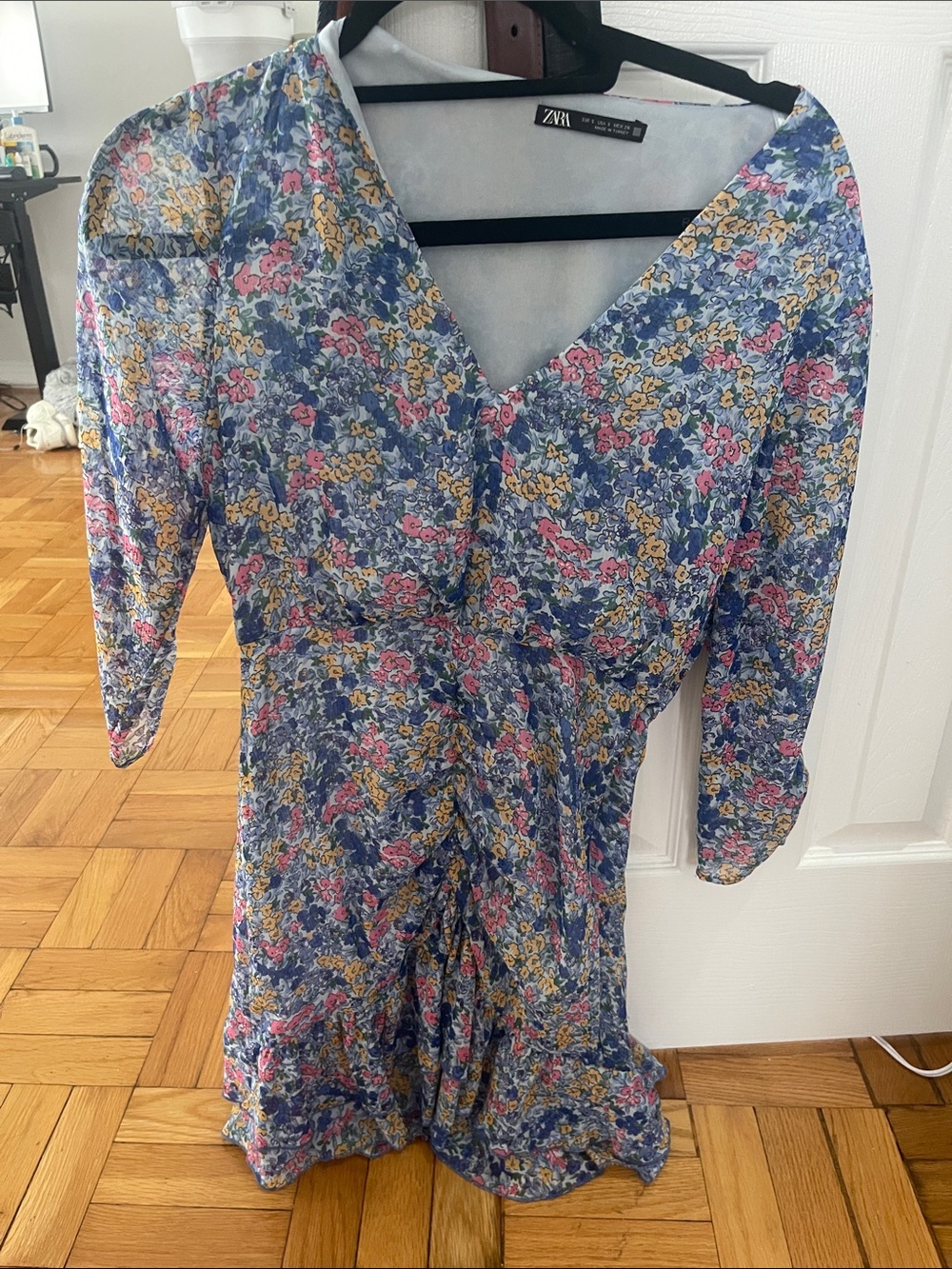 Zara Blue Floral V-Neck Midi Dress with Pink & Yellow Blooms